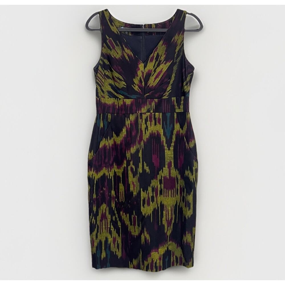 Lafayette 148 New York Dress Size 8 Navy Blue Green Ikat Print Sleeveless Sheath